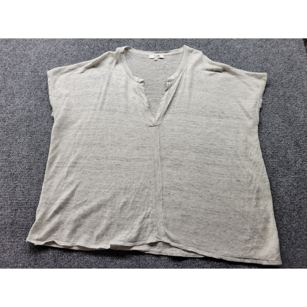 Madewell Women Medium Beige Linen Blend Knit Split V-Neck Cap Sleeve Top